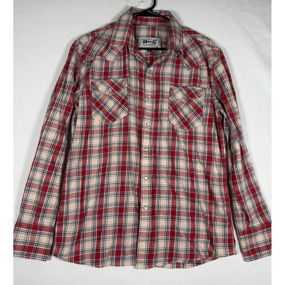 H Bar C Shirt Mens Medium Western Pearl Snap Red Plaid Rancher Cowboy *Read